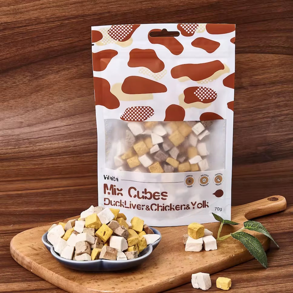 Waita Freeze Dried Mixed Cube Treats for Cats and Dogs - High Protein Duck Liver, Chicken & Egg Yolk - 70G Healthy Pet Reward