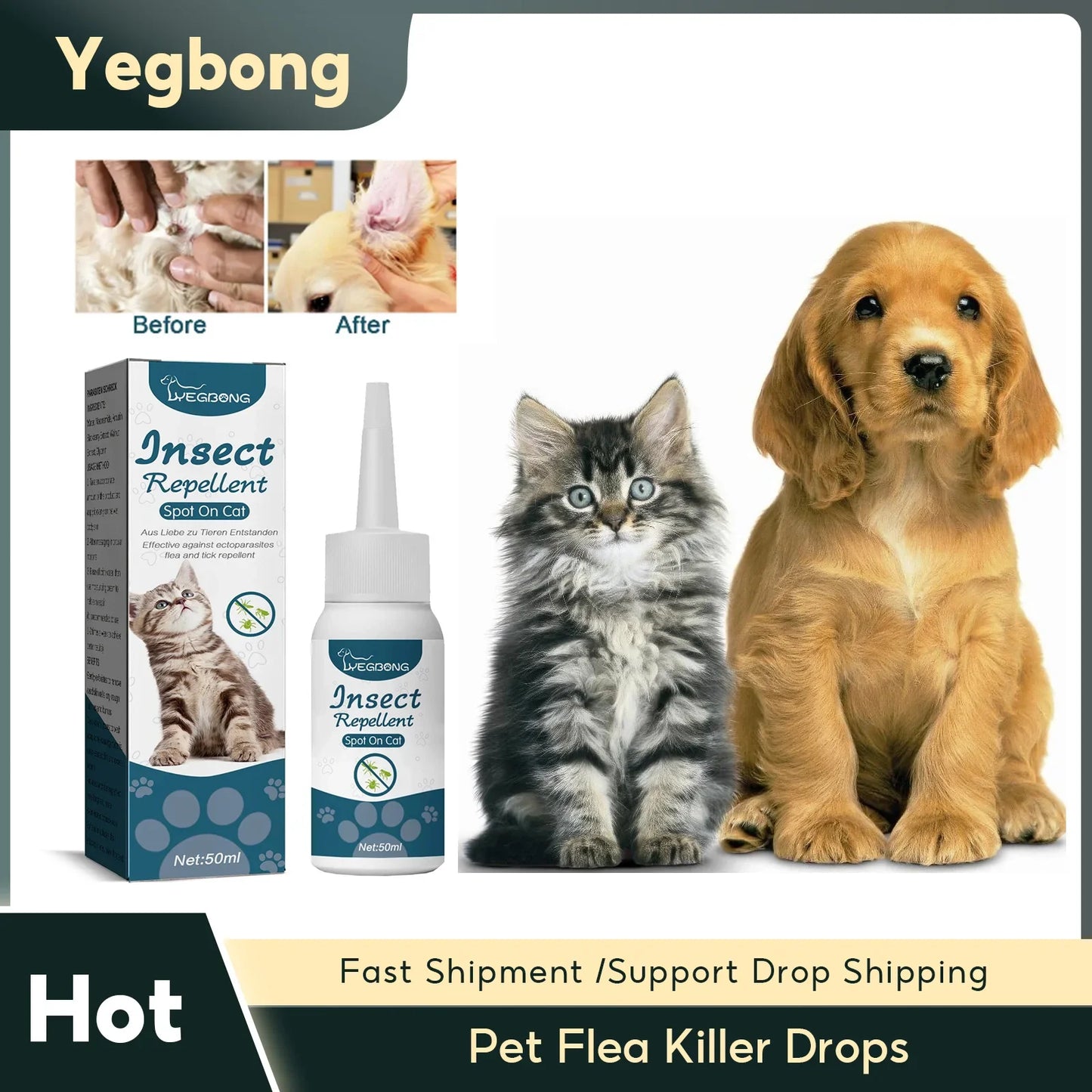 Pet Flea Killer Drops anti Fleas Cats Ticks Lice Mite Removal Relieve Itching Dogs Ringworm Treatment Pet Insect Removal Drops