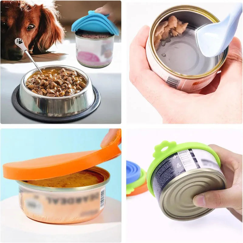 A Set Reusable Pet Food Can Cover and Spoon Portable Dogs Cat Storage Tin Cap Lid Seal Cover Health Pet Supplies Pet Lids Can